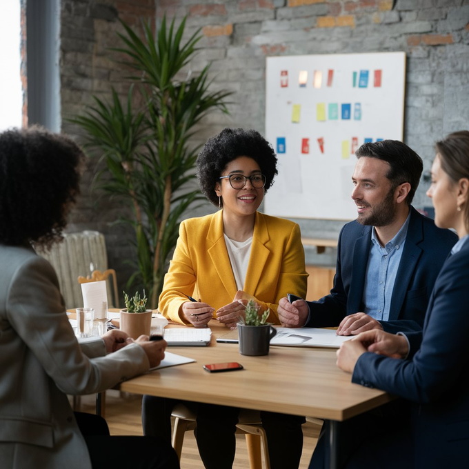 Drei Frauen und ein Mann sitzen in einem Meeting